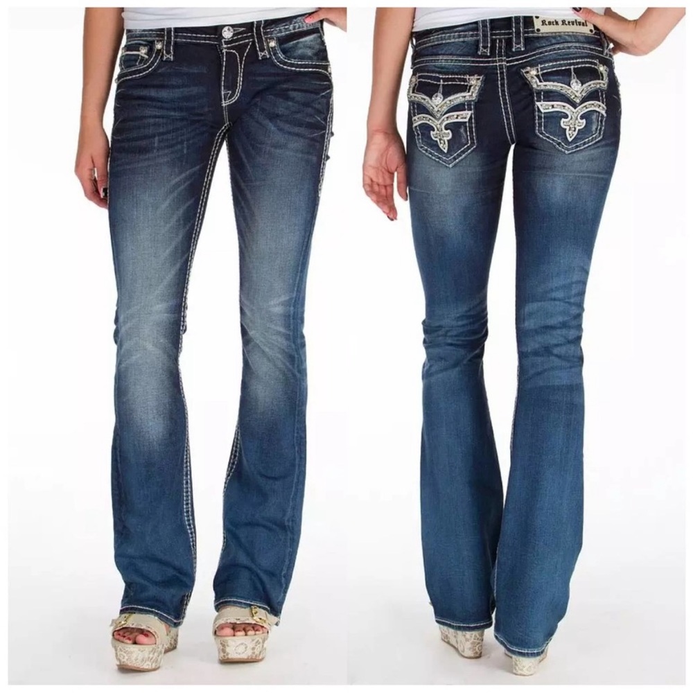 Rock Revival Etty Easy Boot Medium Wash Low Rise Embroidered Jeans Blue Size 27